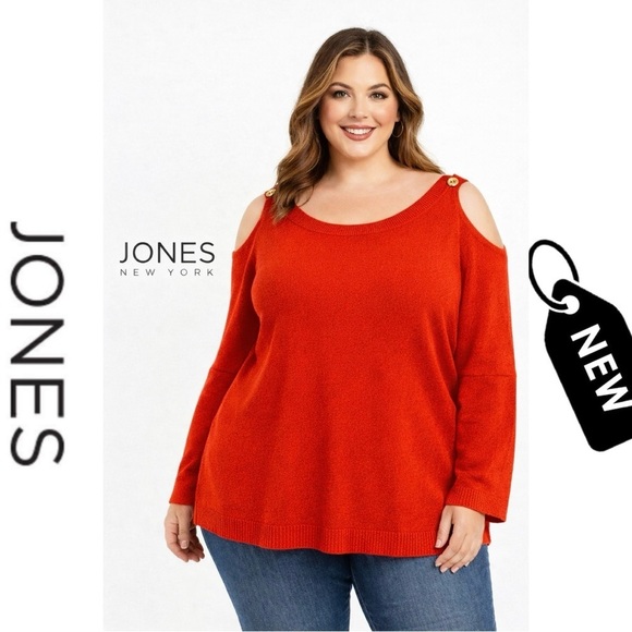Jones New York Sweaters - NWT Jones New York Red Long sleeve peep shoulder with gold bottom detai…